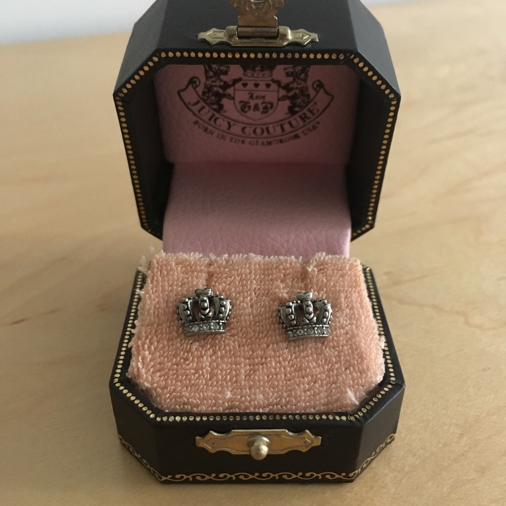 Juicy Couture Crown Stud Earrings. Antique Silver finish.